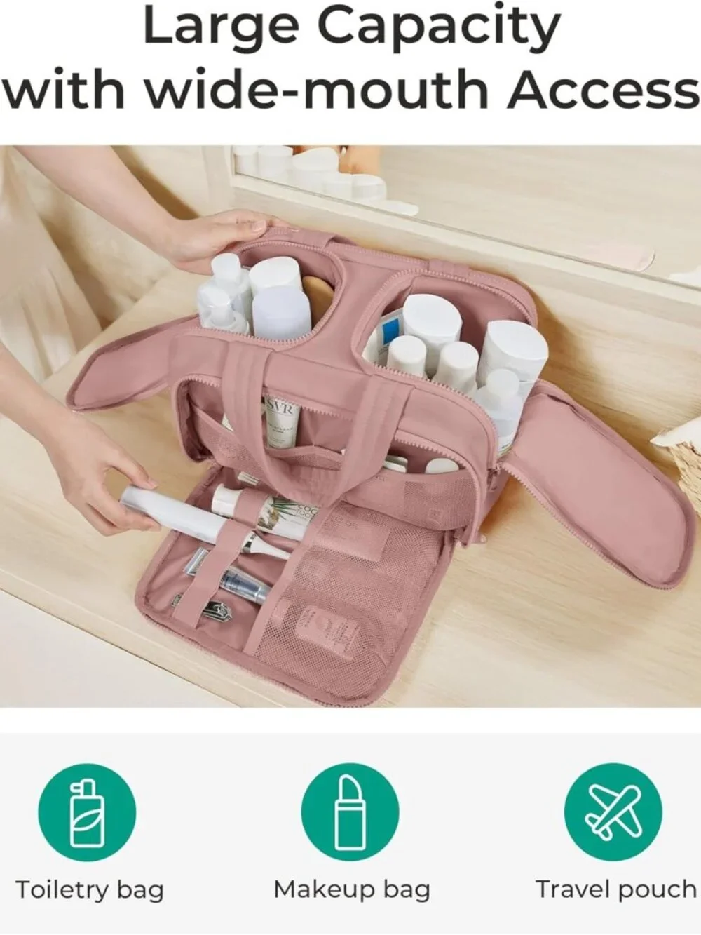 Lightweight Large Travel Toiletry Bag for Women - Wide-Open Makeup Organizer